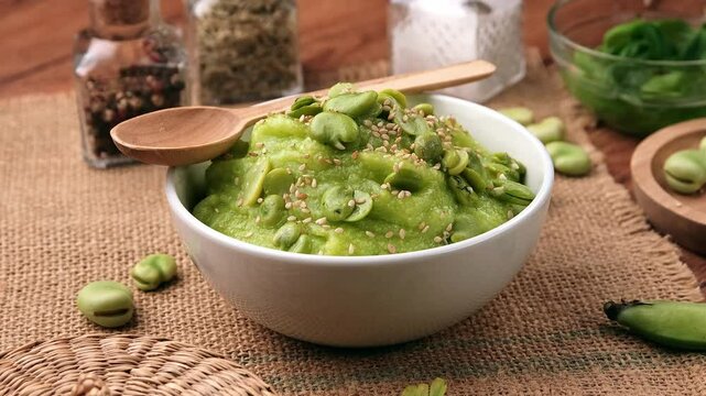 broad bean hummus with sesame seeds - closeup