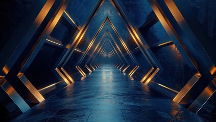 Abstract Blue and Gold Tunnel with Triangular Geometric Shapes