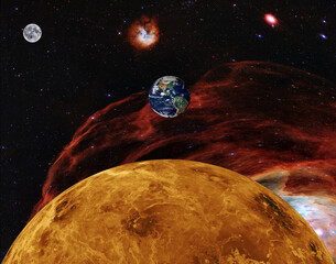 planet Venus,  earth, moon in space