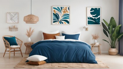 Bright bedroom with cozy textile and soft furniture featuring a stylish design