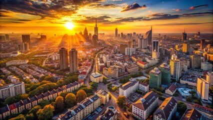 Obraz premium Aerial Drone Shot of Urban Landscape at Sunset - Cityscape Panorama