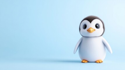 Fototapeta premium Adorable Cartoon Penguin Minimalist Style High-Resolution Render Front View Soft Textures Standing Pose Light Blue Background Peaceful Mood Perfect for Childrens Products