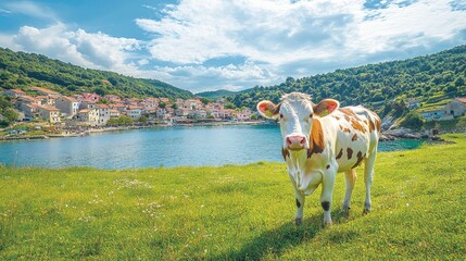 Idyllic Coastal Village with a Curious Cow