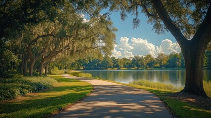 Serene Lakeside Pathway: A Tranquil Walk Through Lush Greenery
