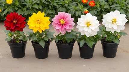Fototapeta premium Five Vibrant Potted Dahlias in Red, Yellow, Pink and White