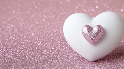 A delicate white heart, accented by a smaller pink glittery heart, sits on a bed of soft pink glitter