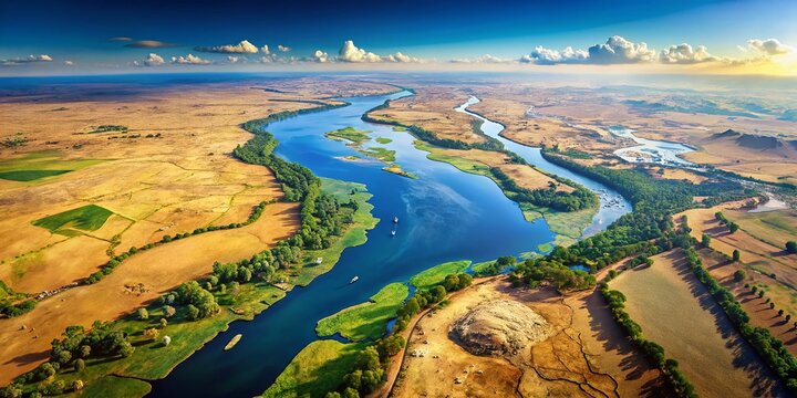 Aerial Drone View of Nile River Location on Africa Map - Geography Stock Photo