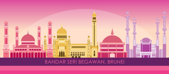 Sunset Skyline panorama of city of Bandar Seri Begawan, Brunei - vector illustration