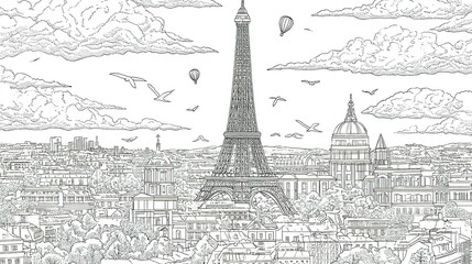 Detailed line drawing of the Paris skyline, perfect for coloring.