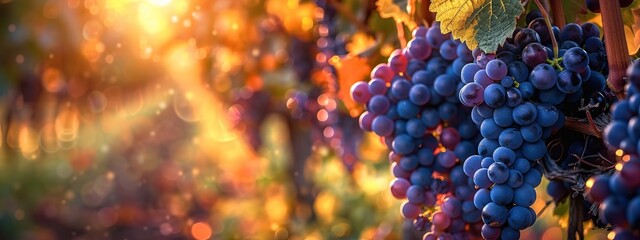 Ripe Grapes on a Vine with a Golden Sunset