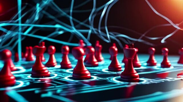 3D rendering of red pawns scattered across a futuristic digital network, symbolizing strategy and connection created with generative ai
