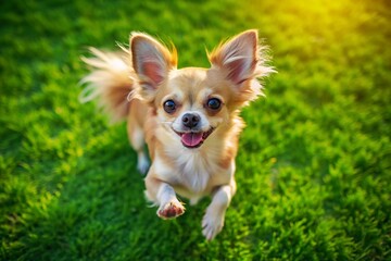 Aerial View of Adorable Chihuahua Dog Playing in Lush Green Park