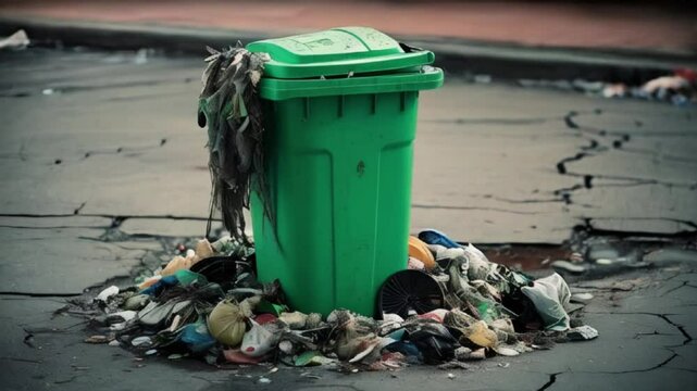  overflowing green plastic rubbish bin, surrounded by a tangled mess of unhygienic trash and pollution, created with generative ai