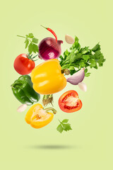 Various fresh vegetable falling with spicy and herb on light green background. 