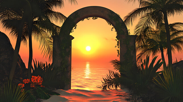 Emerald canopy: sunrise awakens the tropical realm. Everfire Gate. Illustration