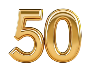 3D Illustration Of Golden Number Fifty Isolated on Transparent Background