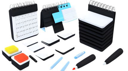 3D Render of Isolated Stationery Items with Black and White Colors