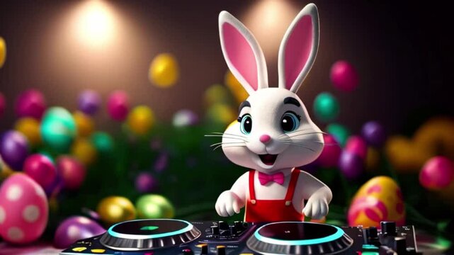 a DJ Bunny wearing dj headphone at the Easter Party background created with generative ai
