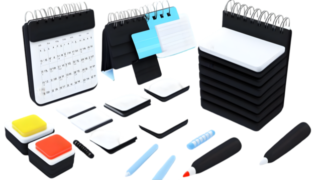 3D Render of Isolated Stationery Items with Black and White Colors