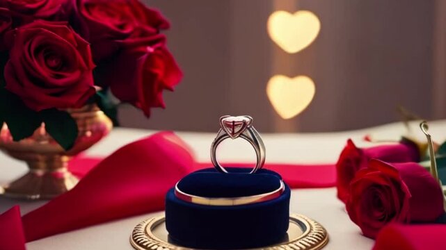 a valentine heart shape ring jewelry on Valentine's Day placed on a velvet table with a soft lighting and red roses arround created with generative ai