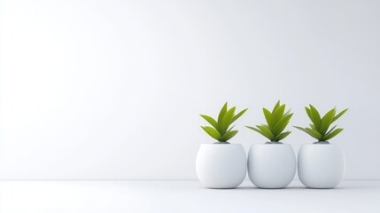 Minimalist scene of three small potted plants against a white wall