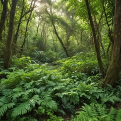 Fototapeta premium fern in the forest, fern in the woods, green forest in the morning