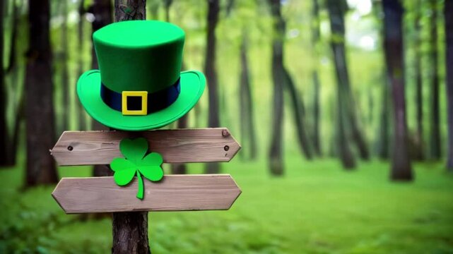 Green leprechaun hat is hanging on a EMPTY wooden sign decorated with shamrocks in a magical forest for st. Patrick's day created with generative ai