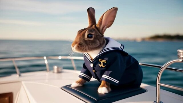 Luxury at Sea Stylish Brown Rex Rabbit in a Sailor Suit Relaxing on a Yacht created with generative ai