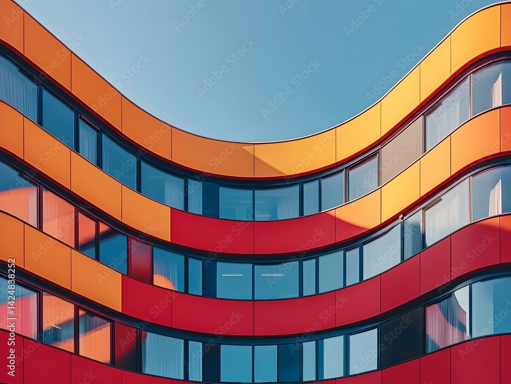 Poster abstract architecture photo of a modern building with curved red and orange facade and windows again