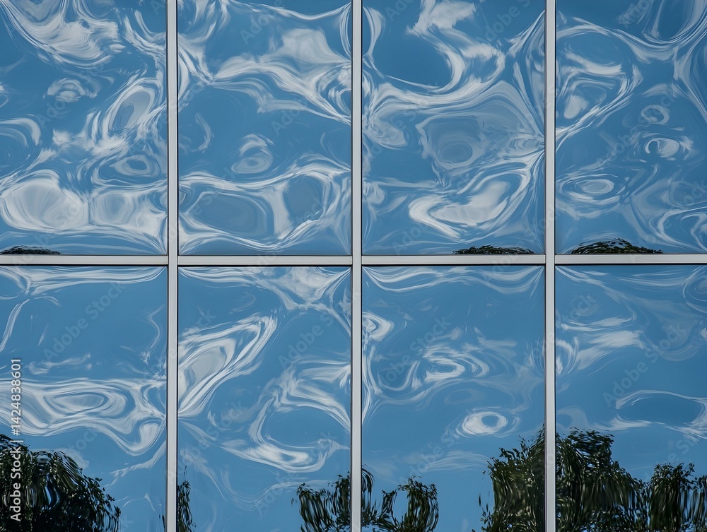 Poster abstract image of sky and clouds reflected in a modern building's glass facade, creating a mesmerizi