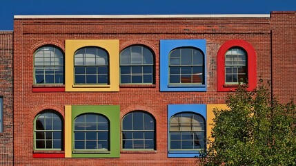 Fototapeta premium Colorful brick building facade with arched windows. A vibrant architectural detail.