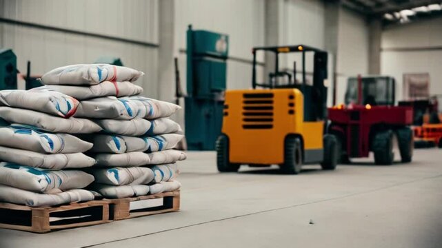 A close-up of cement bags stacked on pallets in a clean warehouse, with metallic tools and heavy machinery subtly blurred in the background. created with generative ai