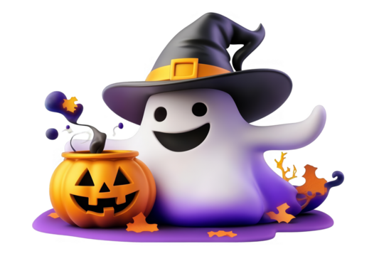 3D Rendering of a Happy Ghost Wearing Witch Hat Beside Pumpkin in Halloween