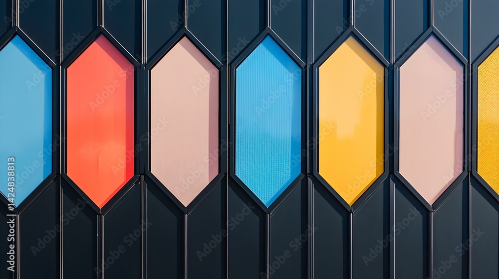 Poster abstract colorful hexagon windows on a dark building facade. modern architecture, geometric design, 