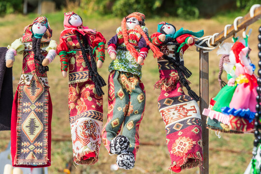 Western Asia, Eurasia, South Caucasus, Republic of Armenia. Sevan. August 15, 2018. Souvenir dolls in traditional Armenian clothes at market near the Sevanavank Monastery on Lake Sevan.