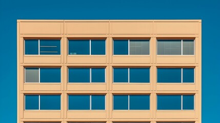 Minimalist beige building facade against a vibrant blue sky.  Geometric pattern of windows.