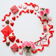 Valentine's Day background with hearts, roses, gift box and red ribbons