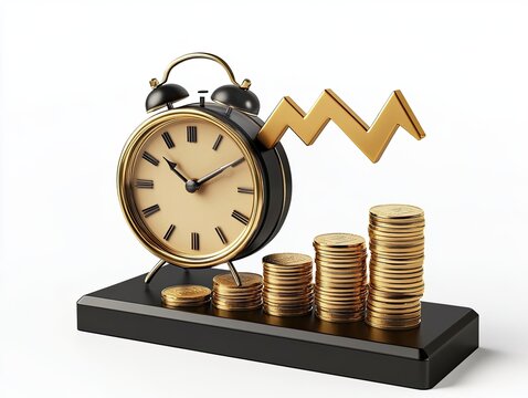 Retro alarm clock with gold coins showing time and declining market trend. - Powered by Adobe