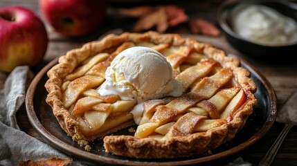 A delicious baked apple pie served with vanilla ice cream