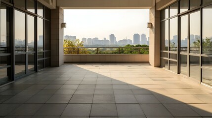 Fototapeta premium Modern balcony with city skyline view. Sunlit tiled floor and glass walls offer a tranquil urban scene.