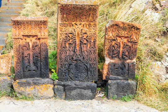 Western Asia, Eurasia, South Caucasus, Republic of Armenia. Sevan. Sevanavank. 9th C Monastery complex. Stone tablets.