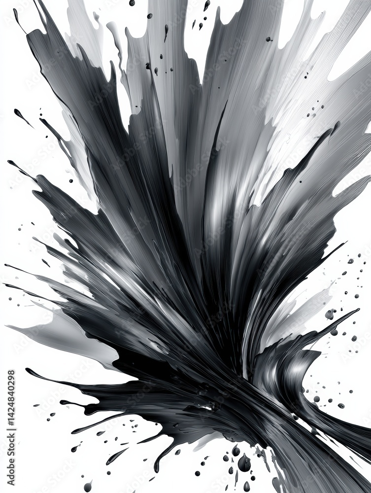 Poster dynamic splash of black paint creates striking effect reminiscent of an oil burst on a clean white b