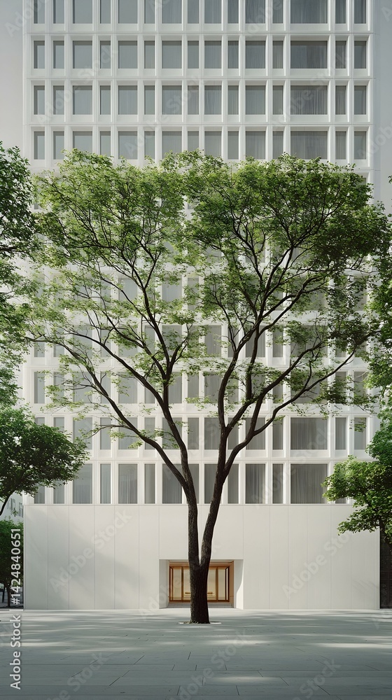 Poster modern building with a large tree in front. minimalist architecture and landscaping.