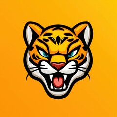 Fototapeta premium Cartoon tiger head with vivid blue eyes and open mouth on yellow background