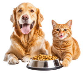 PNG Happy golden retriever dog and an orange cat pet animal bowl.