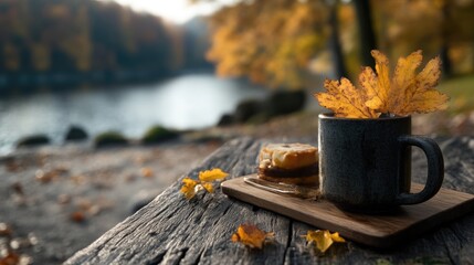 Autumnal Lakeside Delight.  A cup of tea, a sweet treat, and fallen leaves create a serene autumnal scene by a calm lake