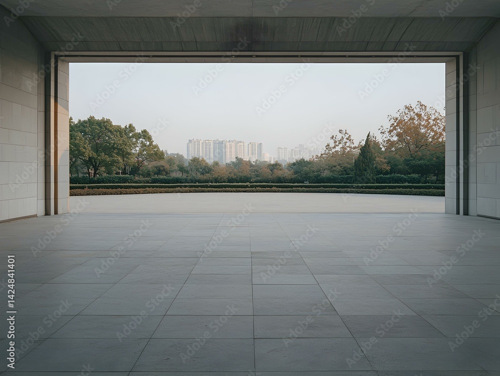 Poster modern architecture framing cityscape view. a minimalist architectural design showcasing a tranquil 