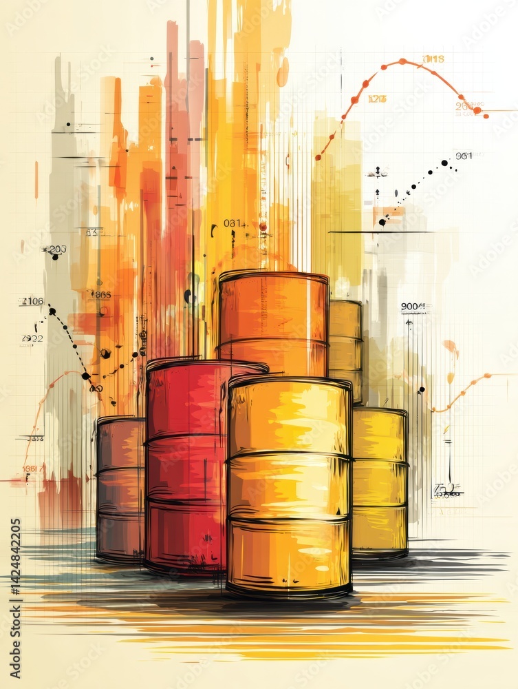 Poster stylized abstract representation of barrels and oil graphs highlighting market trends and energy dyn