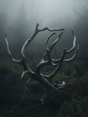 Obraz premium Mysterious gnarled tree branch in foggy forest. Dark, moody, atmospheric. Perfect for fantasy, gothic, or horror themes.