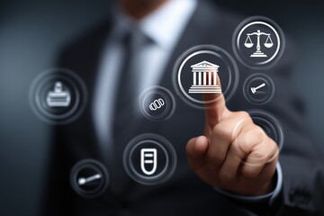 Fototapeta premium Businessman Interacting with Legal Tech Interface, Dark Background, close up